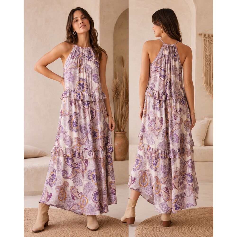 Band of the Free Liliane Maxi Dress Paisley Cream Purple Tiered Size M NWT